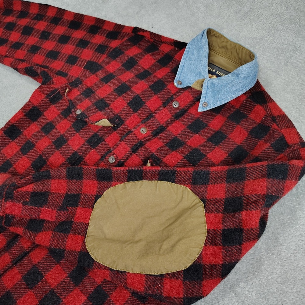 VTG Button Up Shirt Mens S Wool Blend Plaid Shacket‎ Elbow Patch Hiking Gorpcore